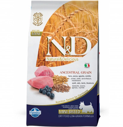 Farmina N&D Mini breed Adult Ancestral Grain сухой корм для взрослых собак мелких пород с ягненком и черникой 2,5 кг.